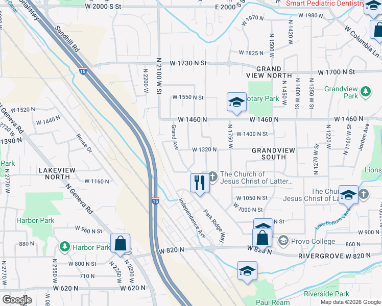 map of restaurants, bars, coffee shops, grocery stores, and more near 1276 Uintah Drive in Provo