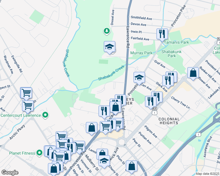 map of restaurants, bars, coffee shops, grocery stores, and more near 503 Meadow Woods Lane in Lawrence Township