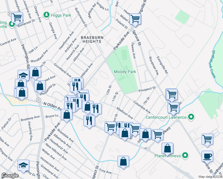 map of restaurants, bars, coffee shops, grocery stores, and more near 1632 13th Street in Ewing Township