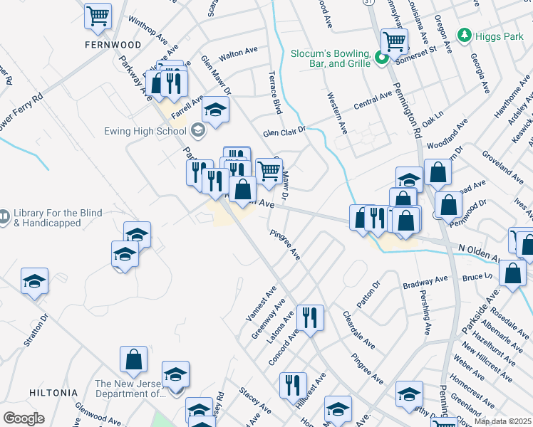 map of restaurants, bars, coffee shops, grocery stores, and more near 534 Pingree Avenue in Ewing Township