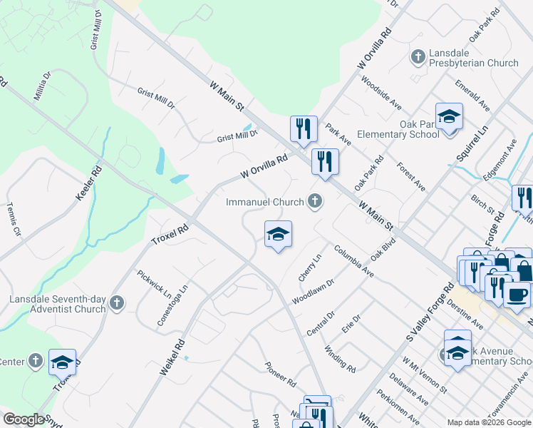 map of restaurants, bars, coffee shops, grocery stores, and more near 567 Constitution Road in Lansdale