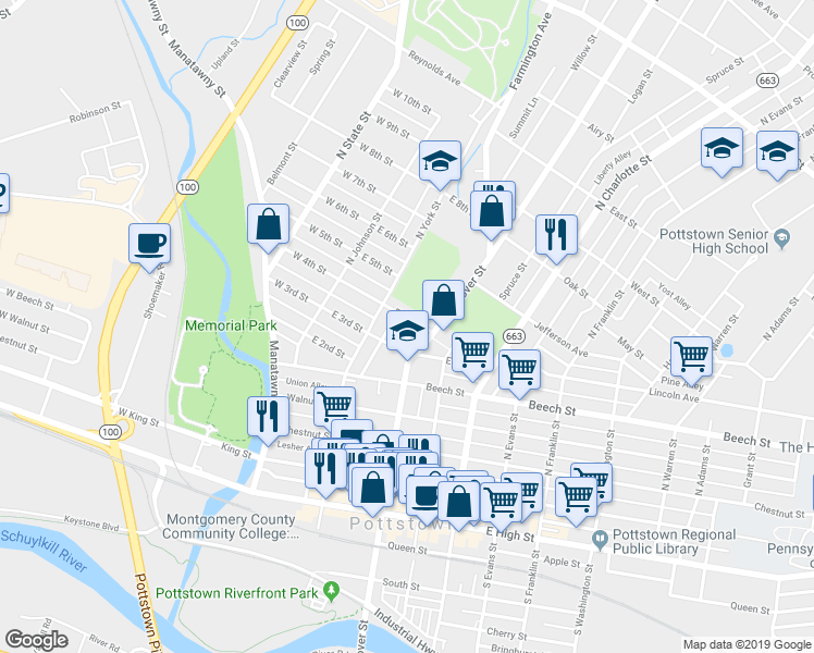 map of restaurants, bars, coffee shops, grocery stores, and more near 135 East 3rd Street in Pottstown