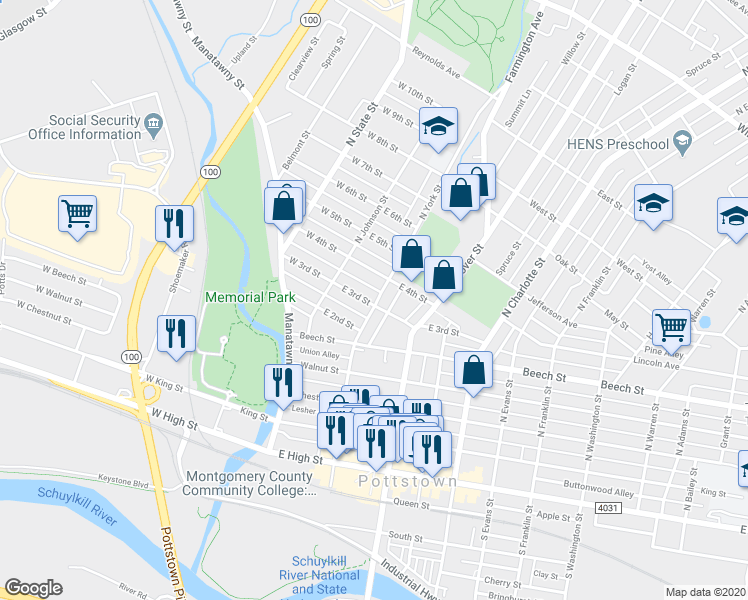 map of restaurants, bars, coffee shops, grocery stores, and more near 278 North York Street in Pottstown