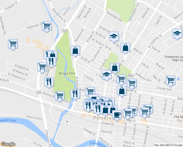 map of restaurants, bars, coffee shops, grocery stores, and more near 23 East 2nd Street in Pottstown
