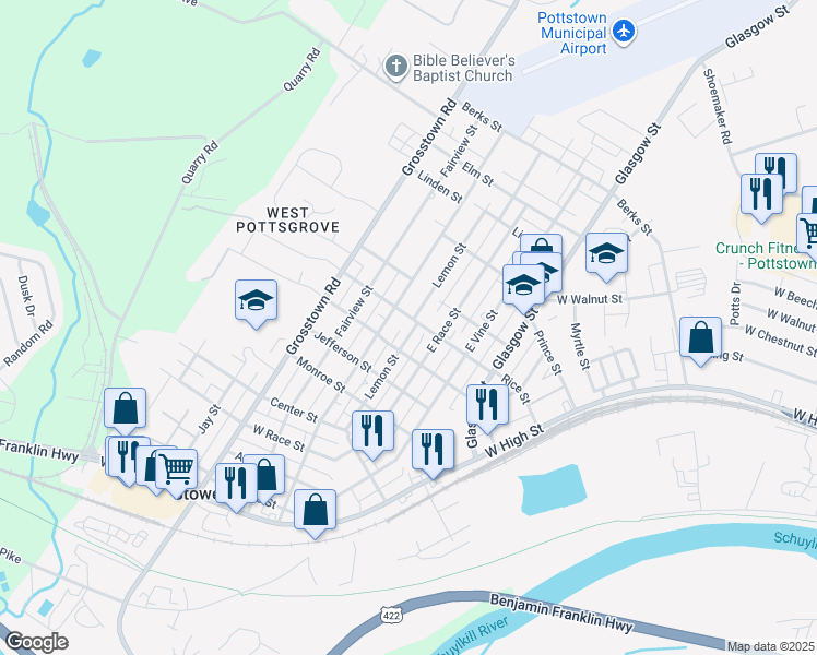 map of restaurants, bars, coffee shops, grocery stores, and more near 322 Lemon Street in Stowe