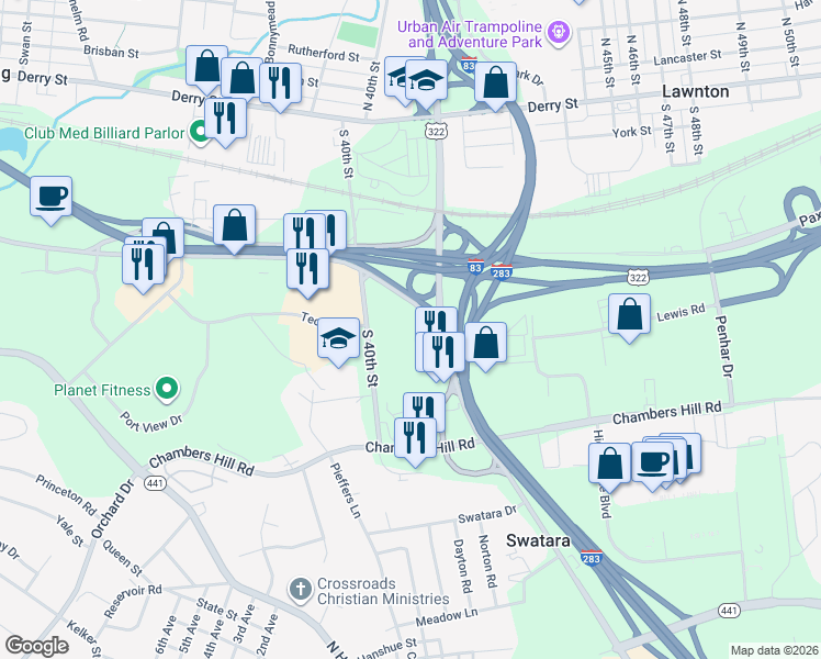 map of restaurants, bars, coffee shops, grocery stores, and more near 447 Eisenhower Boulevard in Harrisburg