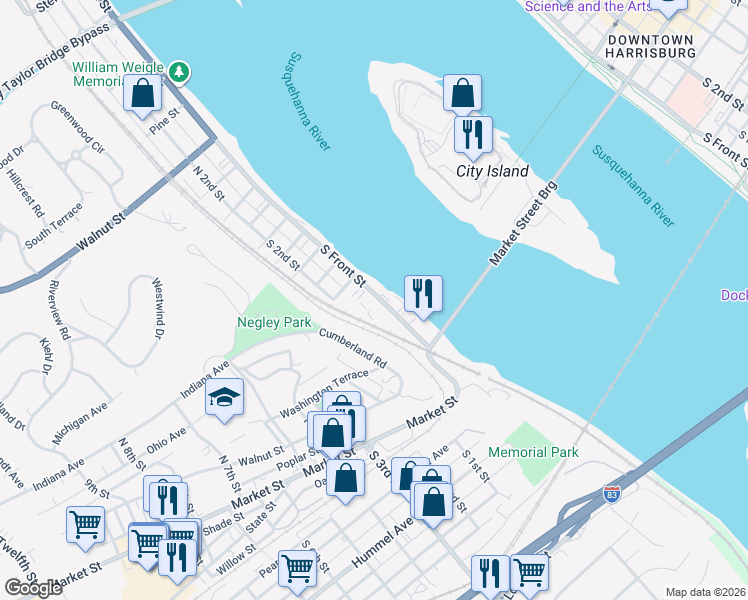 map of restaurants, bars, coffee shops, grocery stores, and more near 322 South Front Street in Wormleysburg
