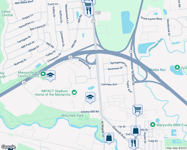 map of restaurants, bars, coffee shops, grocery stores, and more near 532 Meadows Drive in Marysville