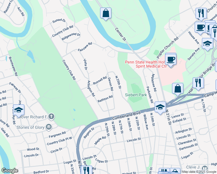 map of restaurants, bars, coffee shops, grocery stores, and more near 540 Devon Road in Camp Hill