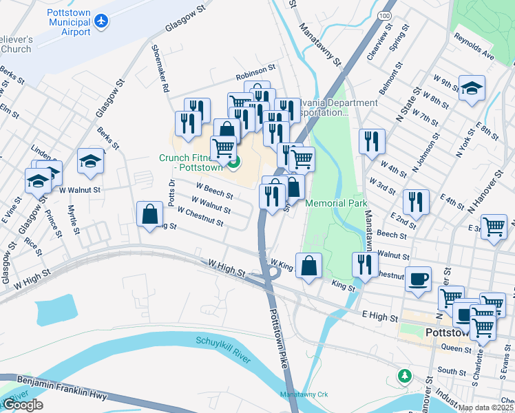 map of restaurants, bars, coffee shops, grocery stores, and more near 192 Gable Street in Pottstown