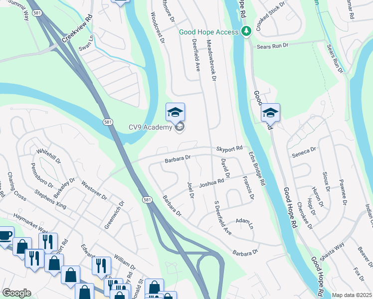 map of restaurants, bars, coffee shops, grocery stores, and more near 451 Skyport Road in Cumberland County