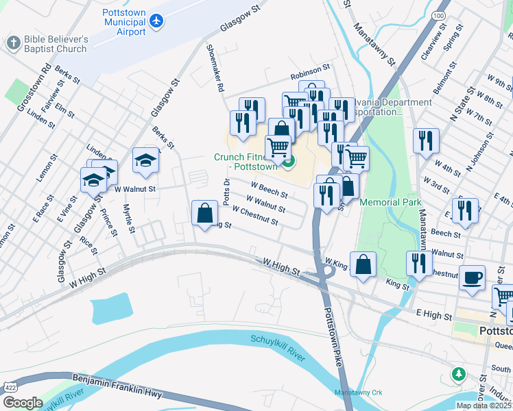 map of restaurants, bars, coffee shops, grocery stores, and more near 336 West Walnut Street in Pottstown