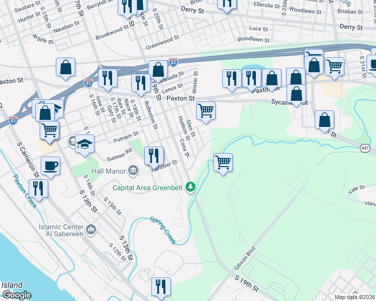 map of restaurants, bars, coffee shops, grocery stores, and more near 1250 Hudson Street in Harrisburg