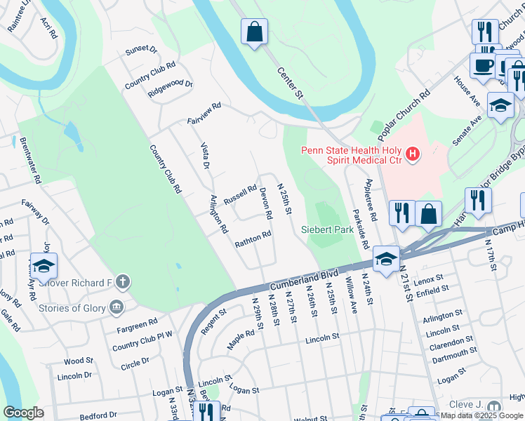 map of restaurants, bars, coffee shops, grocery stores, and more near 540 Devon Road in Camp Hill