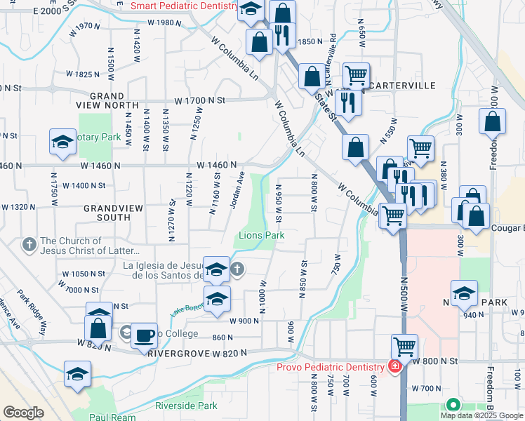 map of restaurants, bars, coffee shops, grocery stores, and more near 950 West 1280 North Street in Provo