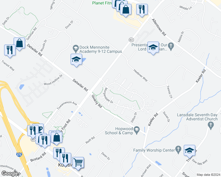 map of restaurants, bars, coffee shops, grocery stores, and more near 231 Brunswick Court in Lansdale