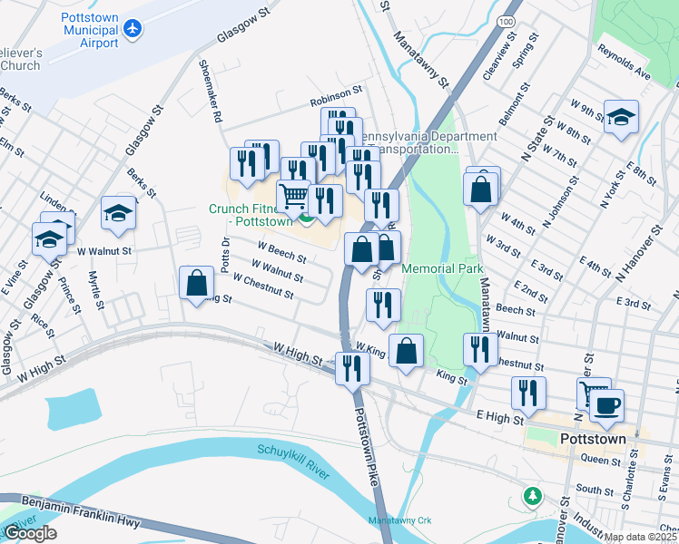 map of restaurants, bars, coffee shops, grocery stores, and more near 192 Gable Street in Pottstown