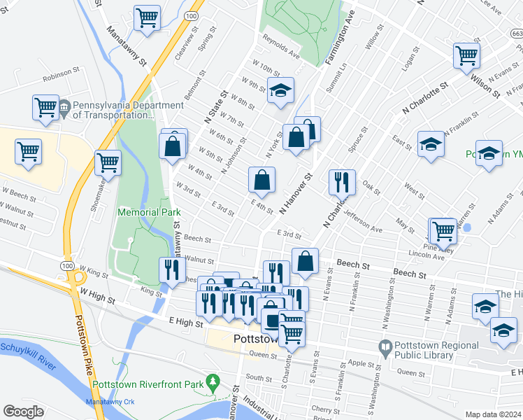 map of restaurants, bars, coffee shops, grocery stores, and more near 130 East 4th Street in Pottstown