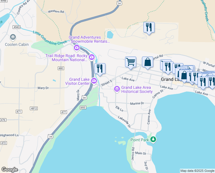 map of restaurants, bars, coffee shops, grocery stores, and more near Plant Drive in Grand Lake