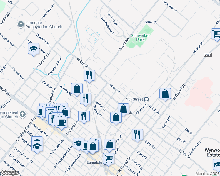 map of restaurants, bars, coffee shops, grocery stores, and more near 421 West 7th Street in Lansdale