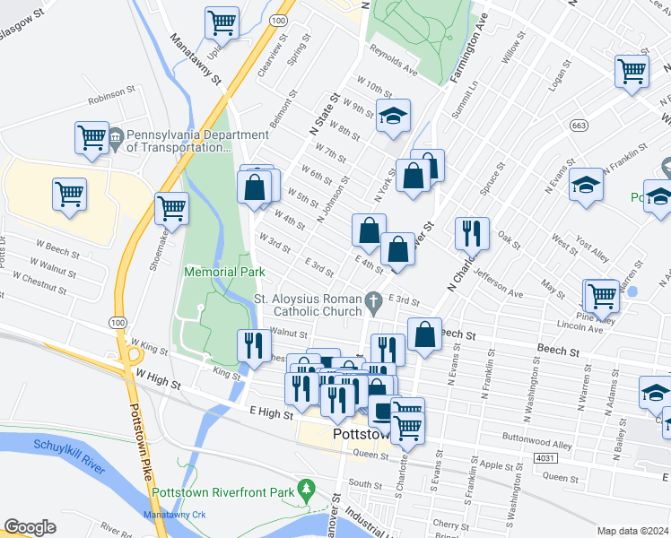 map of restaurants, bars, coffee shops, grocery stores, and more near 278 North York Street in Pottstown
