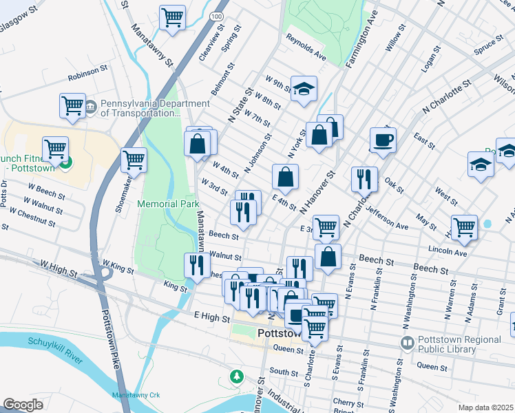 map of restaurants, bars, coffee shops, grocery stores, and more near 278 North York Street in Pottstown
