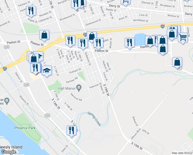 map of restaurants, bars, coffee shops, grocery stores, and more near 1245 Rolleston Street in Harrisburg