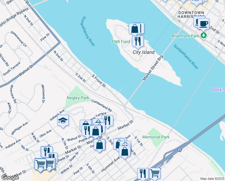 map of restaurants, bars, coffee shops, grocery stores, and more near 333 South Front Street in Wormleysburg