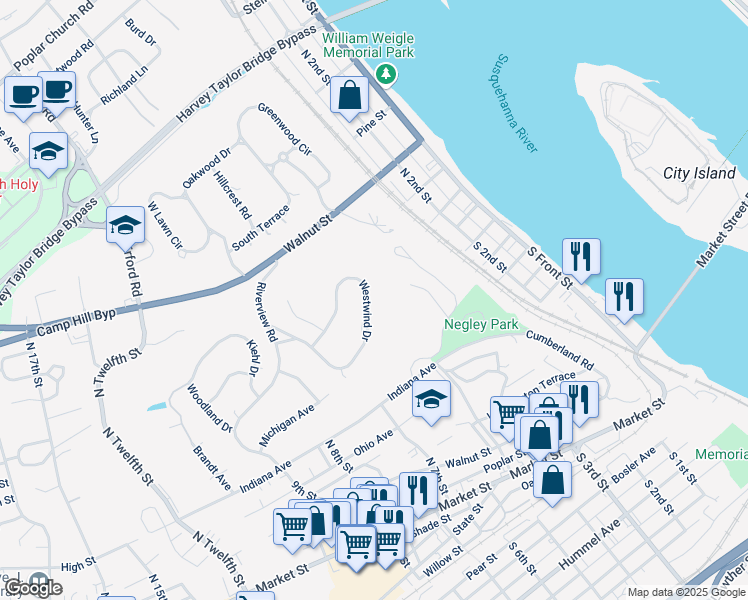 map of restaurants, bars, coffee shops, grocery stores, and more near 17 Westwind Drive in Lemoyne