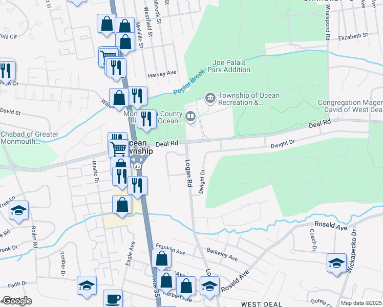 map of restaurants, bars, coffee shops, grocery stores, and more near 62 Dwight Drive in Monmouth County