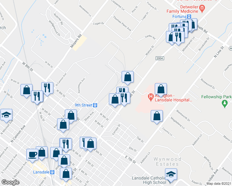 map of restaurants, bars, coffee shops, grocery stores, and more near 1000 Walnut Street in Lansdale