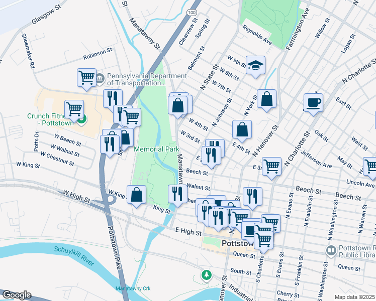 map of restaurants, bars, coffee shops, grocery stores, and more near 19 West 2nd Street in Pottstown