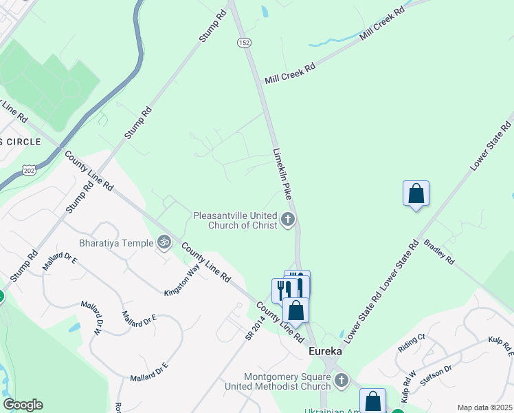 map of restaurants, bars, coffee shops, grocery stores, and more near 115 Muirfield Lane in Chalfont