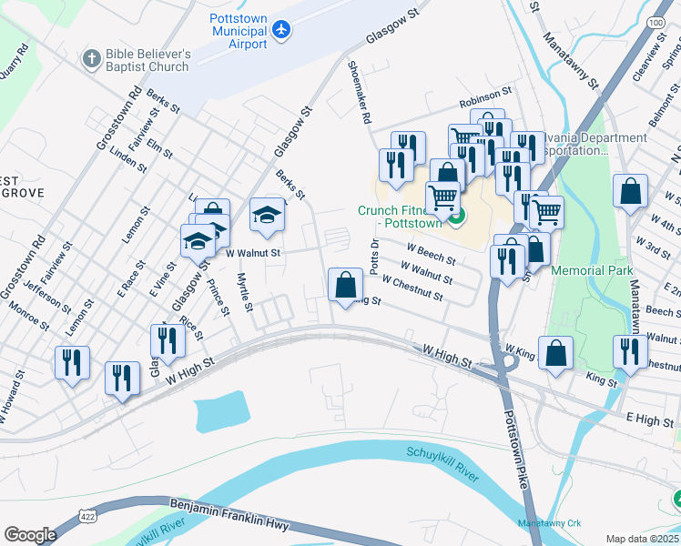 map of restaurants, bars, coffee shops, grocery stores, and more near 384 Potts Court in Pottstown