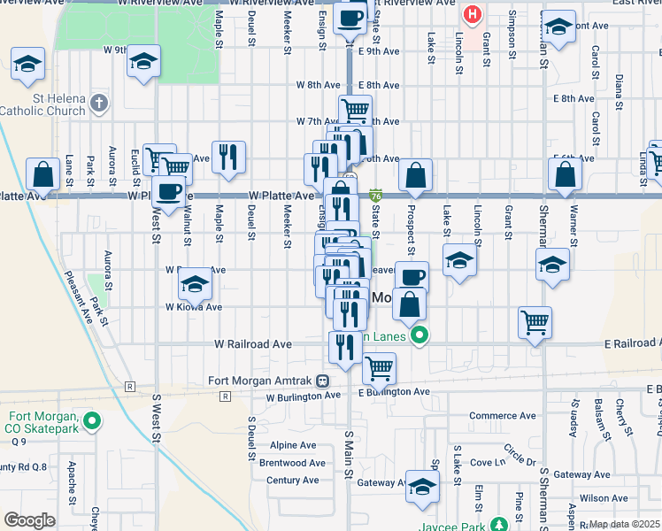 map of restaurants, bars, coffee shops, grocery stores, and more near 204 West Beaver Avenue in Fort Morgan