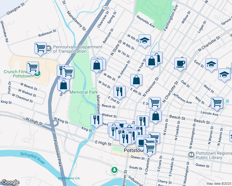 map of restaurants, bars, coffee shops, grocery stores, and more near 40 East 3rd Street in Pottstown
