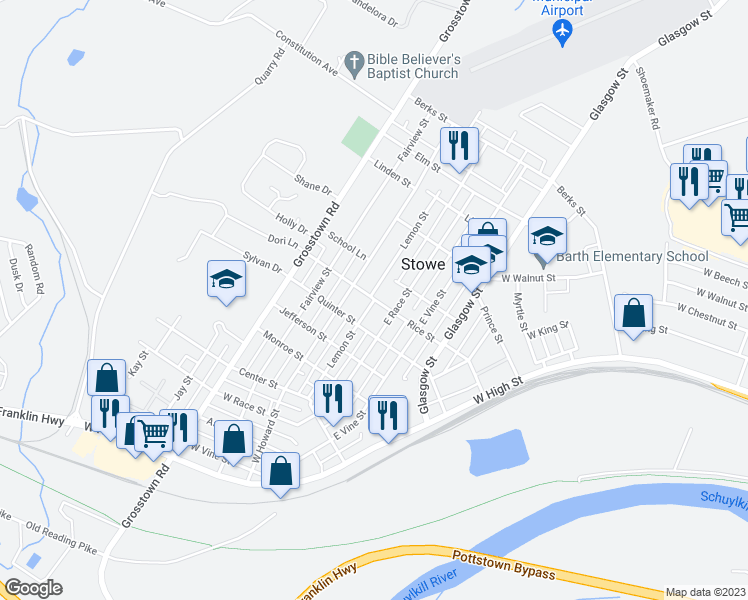 map of restaurants, bars, coffee shops, grocery stores, and more near 399 Lemon Street in Stowe