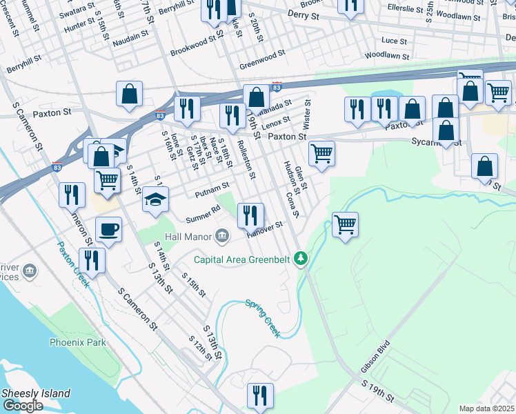 map of restaurants, bars, coffee shops, grocery stores, and more near 1218 Rolleston Street in Harrisburg