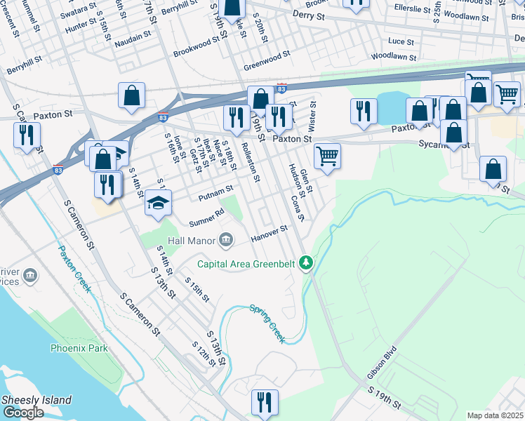 map of restaurants, bars, coffee shops, grocery stores, and more near 1218 Rolleston Street in Harrisburg