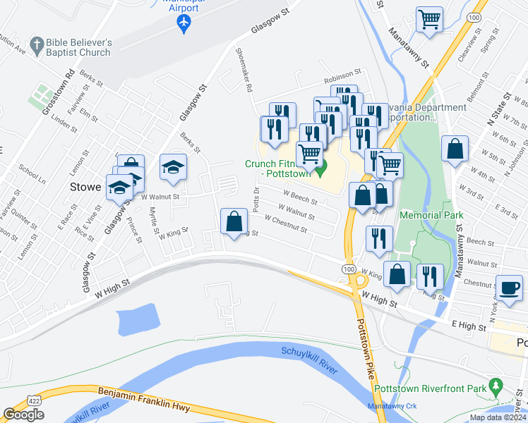 map of restaurants, bars, coffee shops, grocery stores, and more near 359 West Chestnut Street in Pottstown