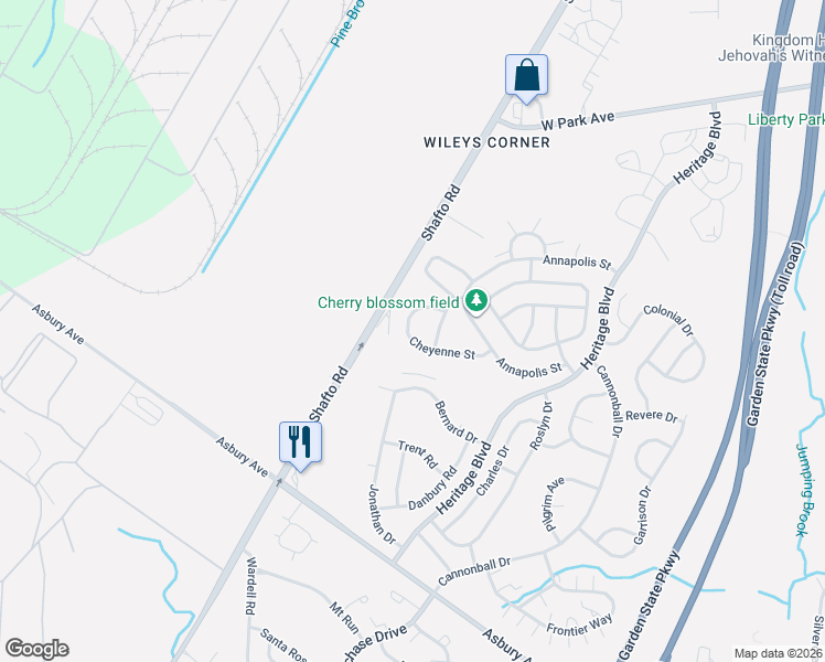 map of restaurants, bars, coffee shops, grocery stores, and more near 121 Cheyenne Street in Tinton Falls