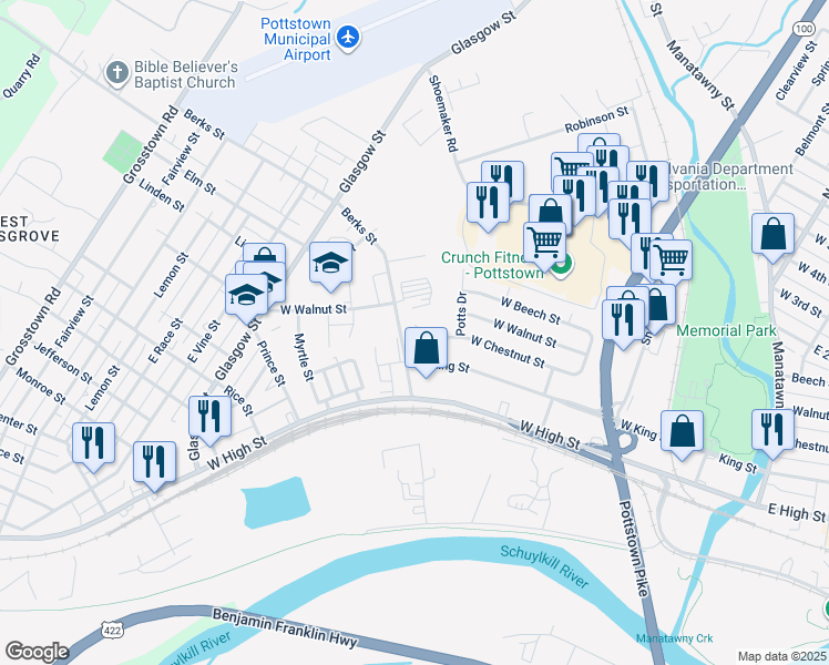 map of restaurants, bars, coffee shops, grocery stores, and more near 386 Potts Court in Pottstown