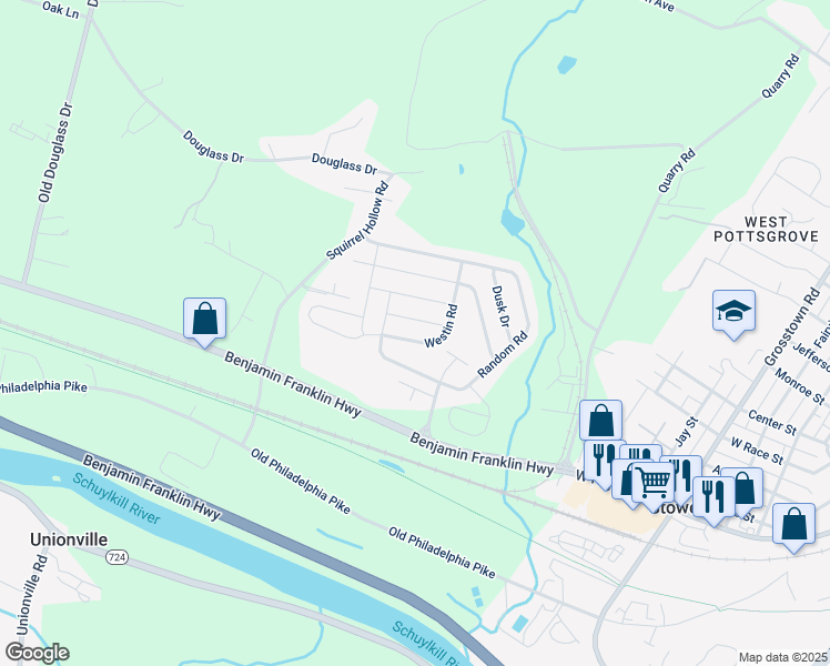 map of restaurants, bars, coffee shops, grocery stores, and more near 95 Westin Road in Douglassville