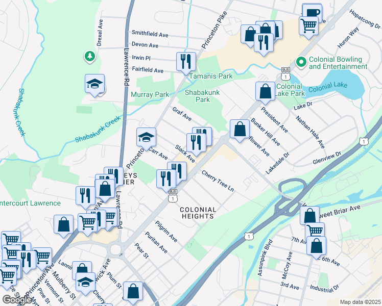 map of restaurants, bars, coffee shops, grocery stores, and more near 1961 Brunswick Pike in Lawrence Township