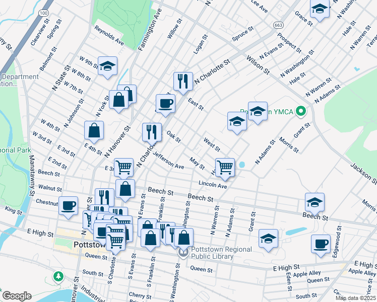 map of restaurants, bars, coffee shops, grocery stores, and more near 394 North Franklin Street in Pottstown