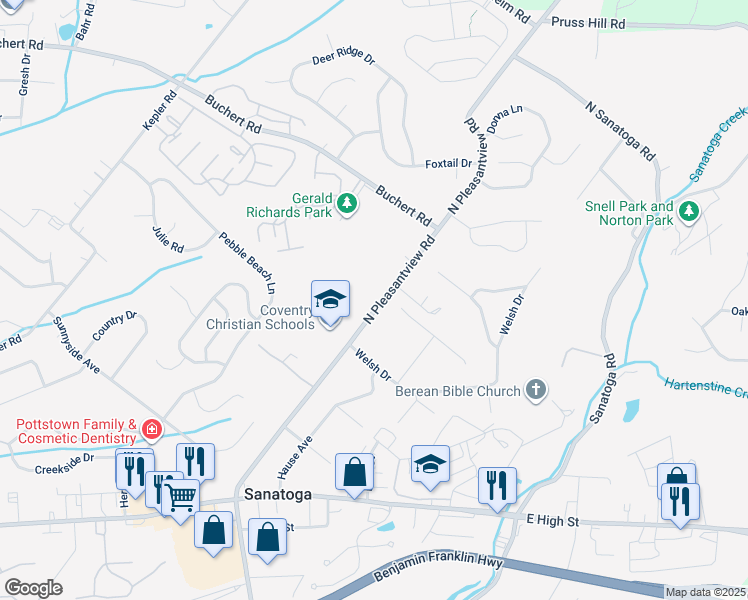 map of restaurants, bars, coffee shops, grocery stores, and more near 1009 North Pleasantview Road in Pottstown