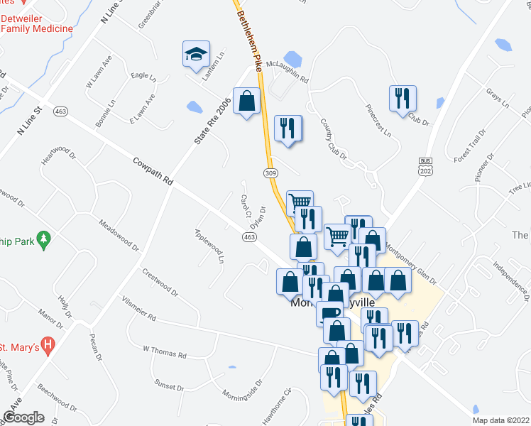 map of restaurants, bars, coffee shops, grocery stores, and more near 406 Dylan Dr in Lansdale