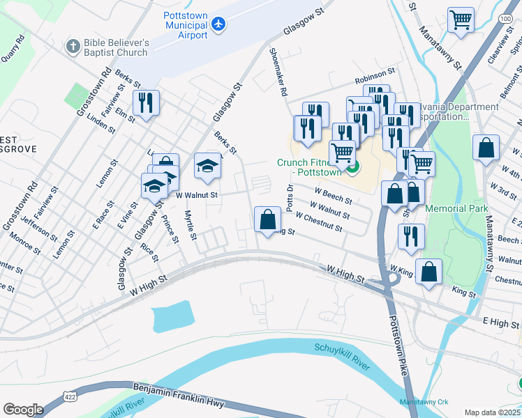 map of restaurants, bars, coffee shops, grocery stores, and more near 386 Potts Court in Pottstown