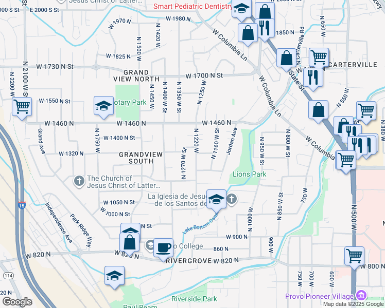 map of restaurants, bars, coffee shops, grocery stores, and more near 1247 North 1220 West in Provo