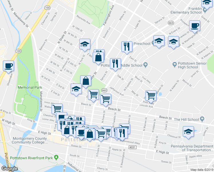 map of restaurants, bars, coffee shops, grocery stores, and more near 325 Charlotte Street in Pottstown